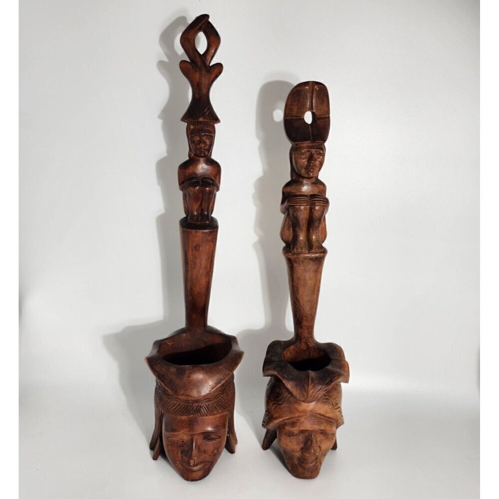 Polynesian Wood Carved Water Dipper Ladle 1960s Tribal Totem Africa Vintage 2Pcs